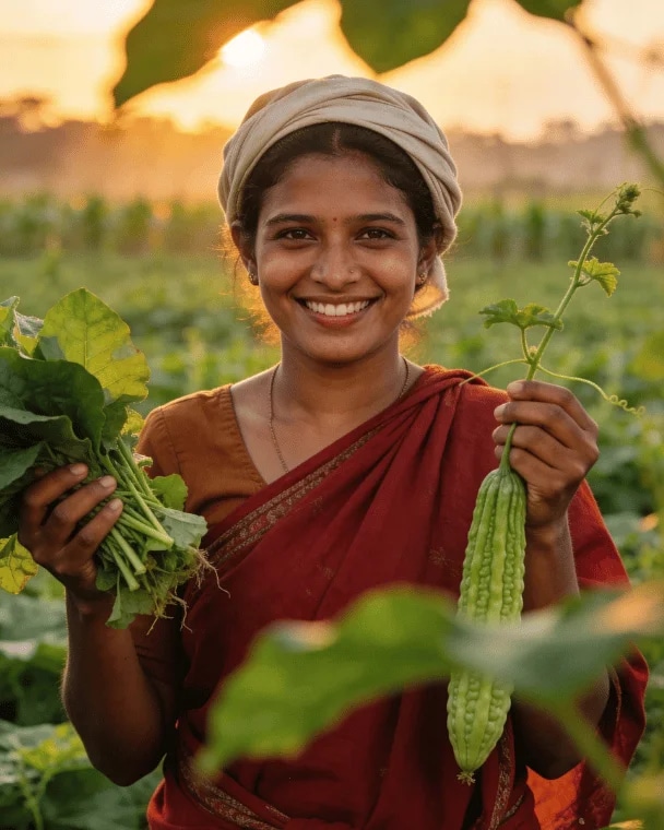 Bangladeshi woman farmer inspecting a mango in an organic orchard at golden hour