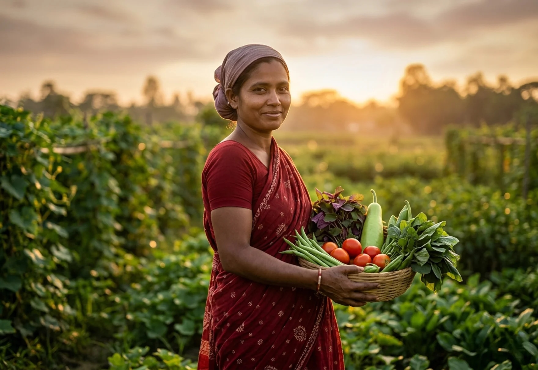Bangladeshi woman farmer holding a basket of fresh organic vegetables — empowering rural women through organic agriculture at NBAFL