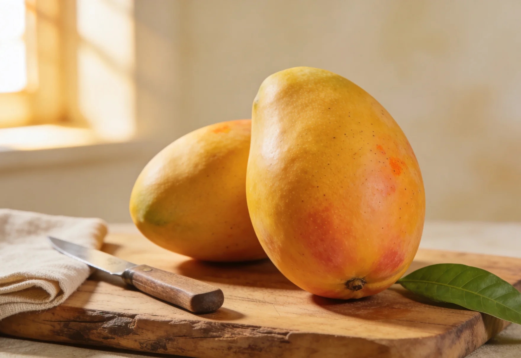 Ripe organic Amrapali mangoes from North Bengal Agro Farms on a wooden table with a knife and linen cloth