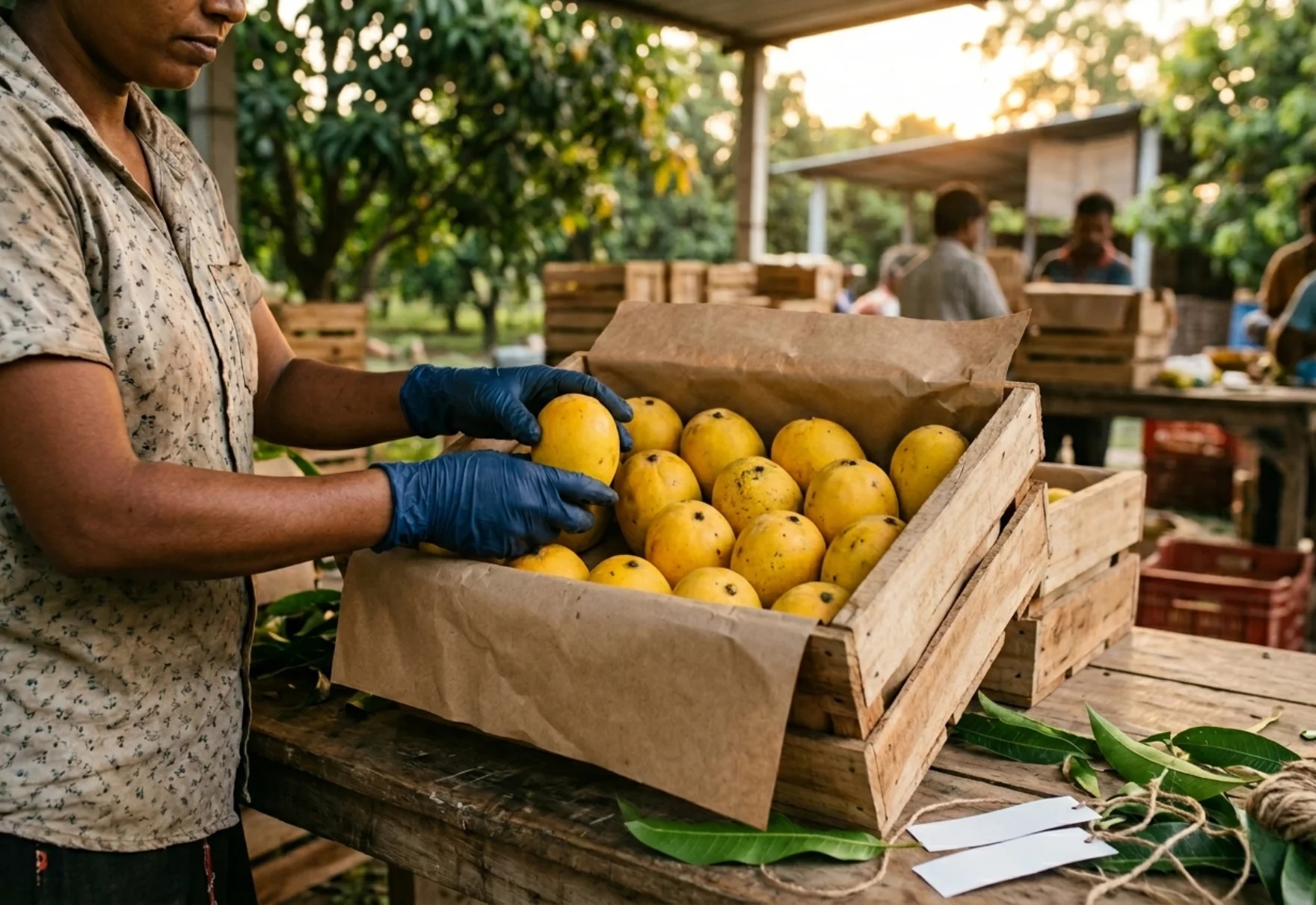 Organic mango supply chain at North Bengal Agro Farms — wooden export crates being loaded with sorted ripe mangoes